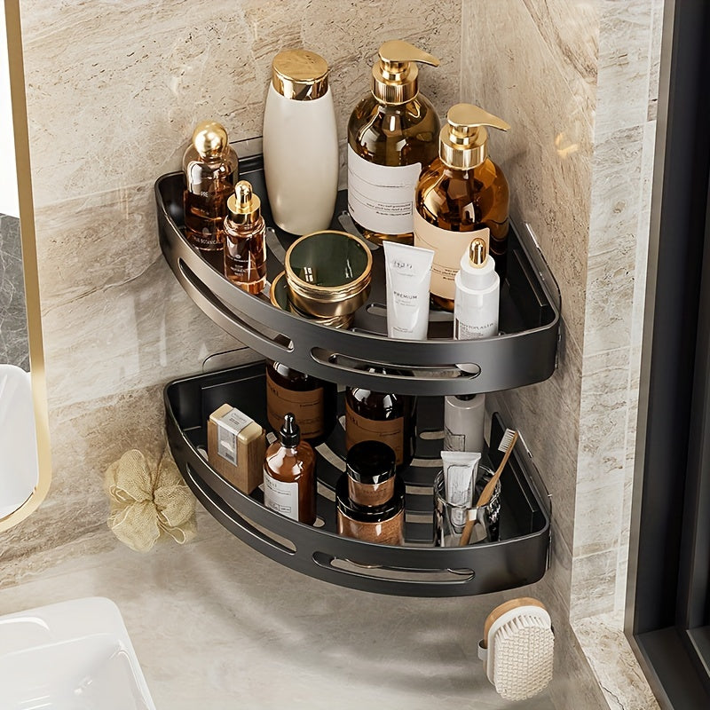 Triangle corner shelf saves space in bathroom, organizes shampoo, shower gel and cosmetics. Easy to install with anti-slip design, enhances bathroom decor.