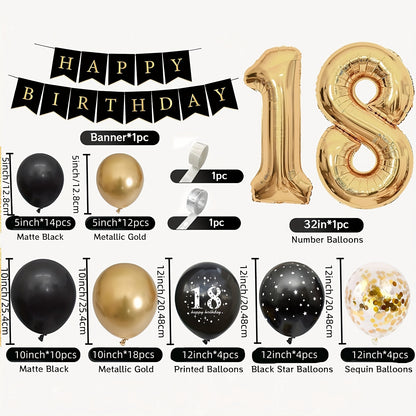 Black and gold balloon decorations for 18th birthday party with Happy Birthday banner and balloon garland.