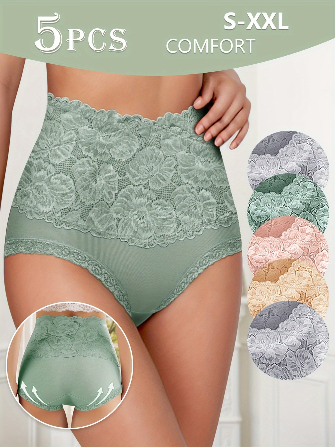 5 MEIYATING High-Waist Tummy Control Panties for Women in Green & Pastel Colors, with Floral Lace Trim, Breathable Blend, Available in 5 Sizes (S-XL)