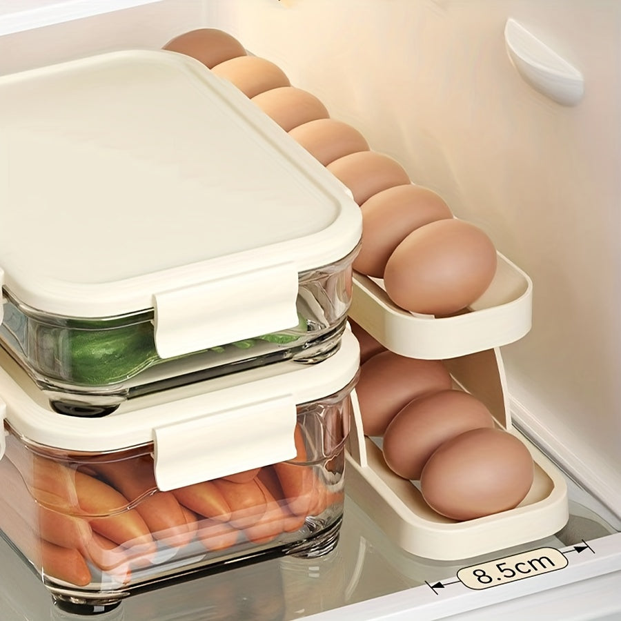 Refrigerator Rolling Egg Tray Holder with Slide Design, Kitchen Organizer for Easy Egg Storage. Automatic Rolling Egg Cooker for Convenient Cooking. Anti-Fall Egg Storage Box for Kitchen Table. Essential Kitchen Supplies.