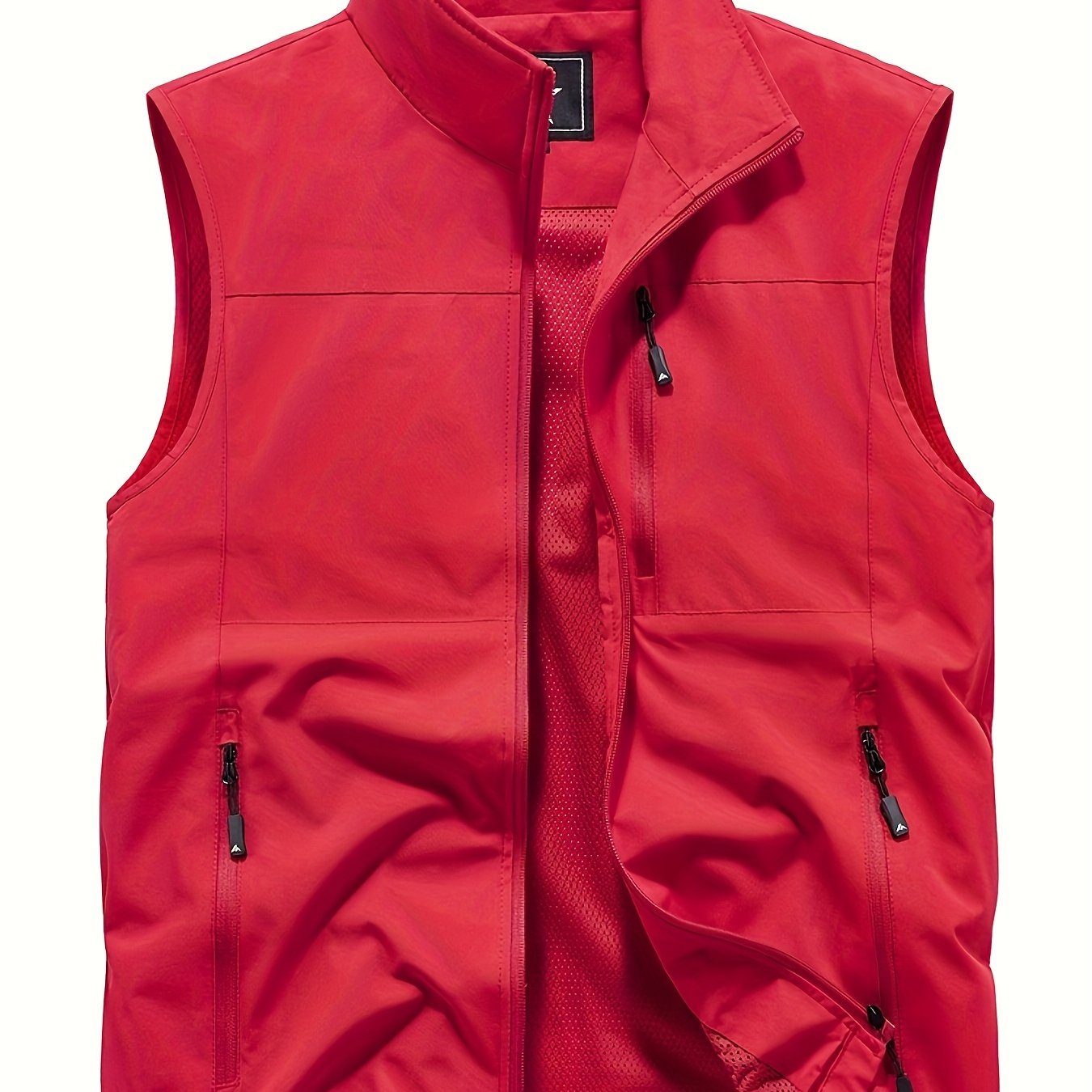 Polyester Sleeveless Vest for Men: Black, Multi-Pocket Design, Zipper Closure, Mesh Lining - Ideal for Spring/Autumn Outdoor Wear.