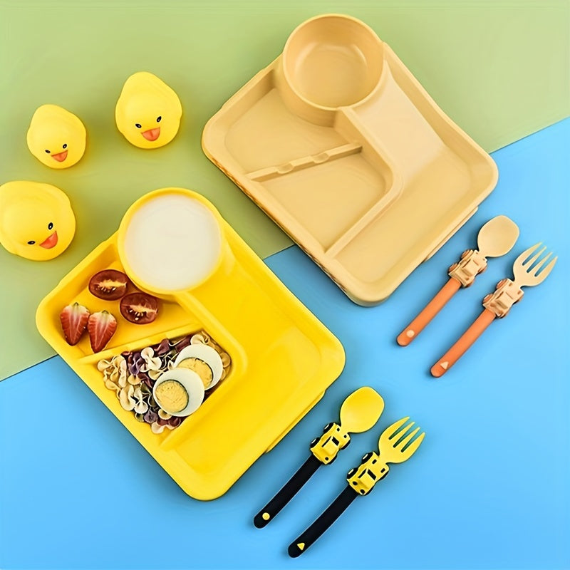 Easter Gift Set: Children's Cartoon Racing Dinner Plate with Fork, Spoon, and Baby Self-Feeding Cutlery. Includes Food Supplement Divided Bowl and Non-Slip Dinner Plate with Suction Cup.