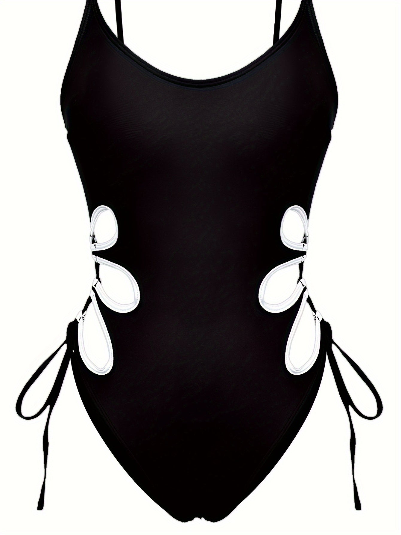 Black swimsuit with white edges, designed for women for beach outings.