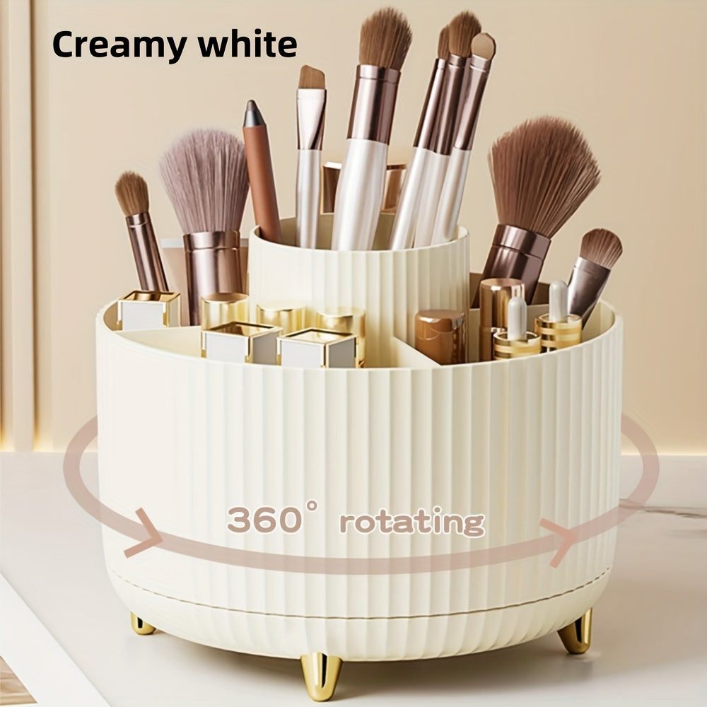 Makeup brush organizer with 360° rotation and 5 compartments for brushes, lipsticks, and stationery. Made of hypoallergenic plastic.