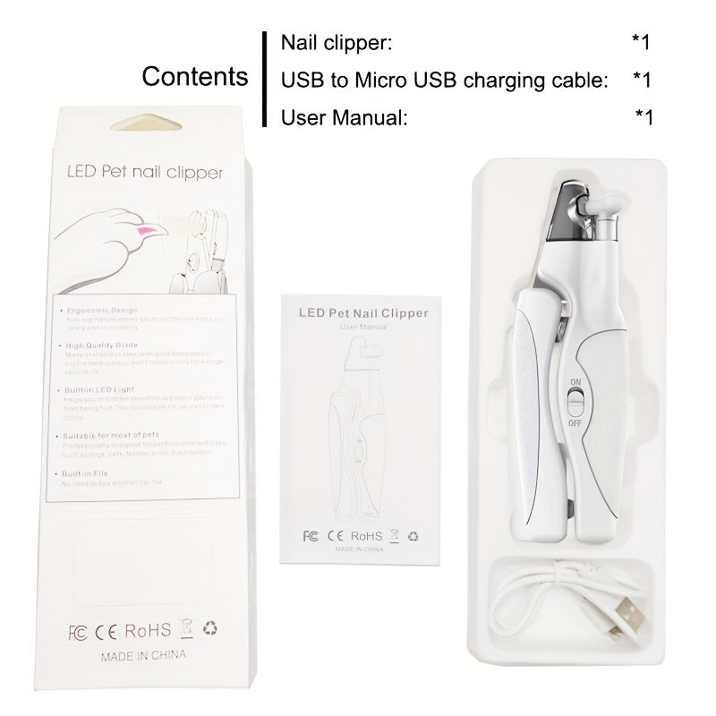 LED pet nail clippers with USB charging and file, anti-splash.