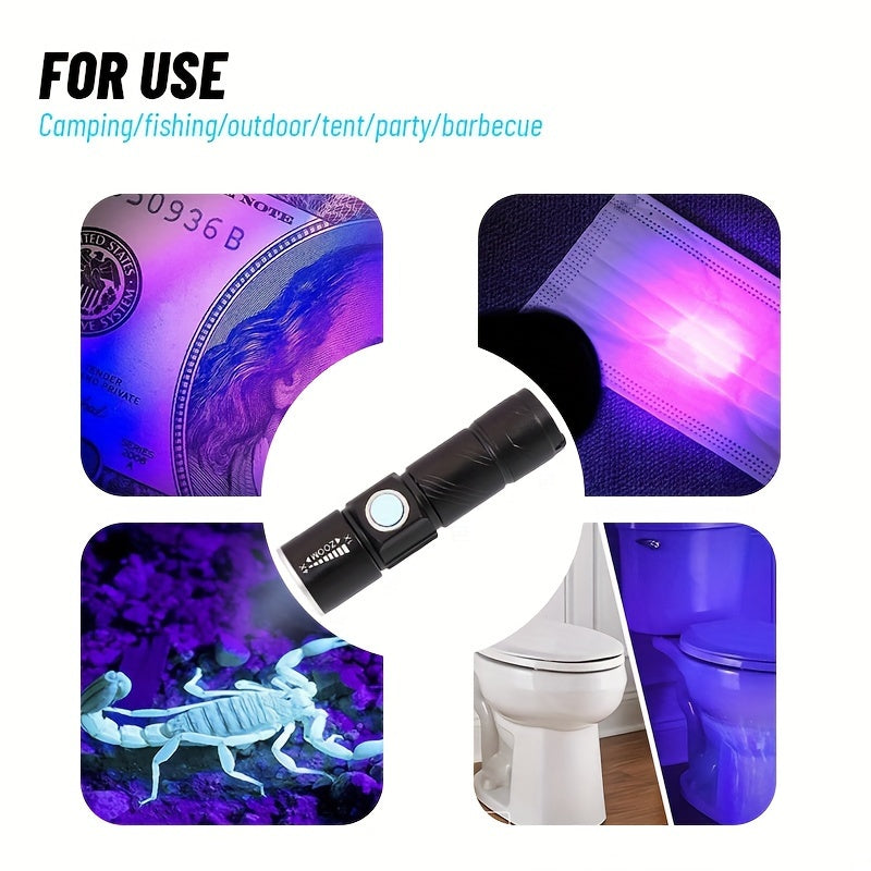 1pc Rechargeable UV flashlight for detecting pet urine stains, curing resin, and hunting scorpions.