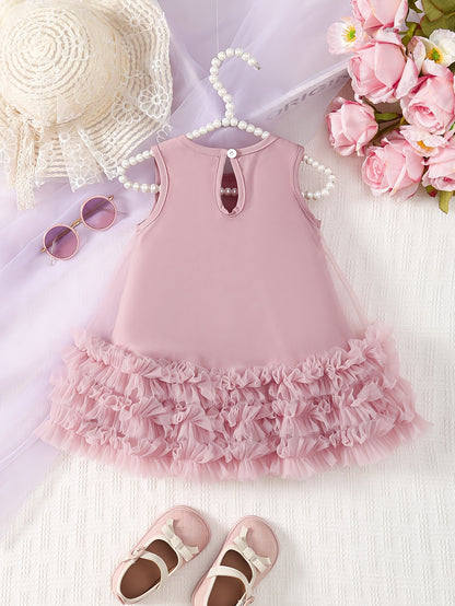 Infants' pink tulle dress with white bow accents, sleeveless, crew neck, asymmetrical hem, 100% polyester, casual midi dress for spring/fall.