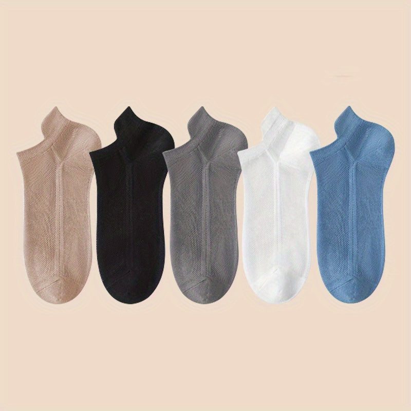 5 Men's Breathable Mesh Ankle Socks - Summer Lightweight, Sweat-Absorbent, Ear Lift Design, Solid Colors, Polyester Blend, Machine Washable