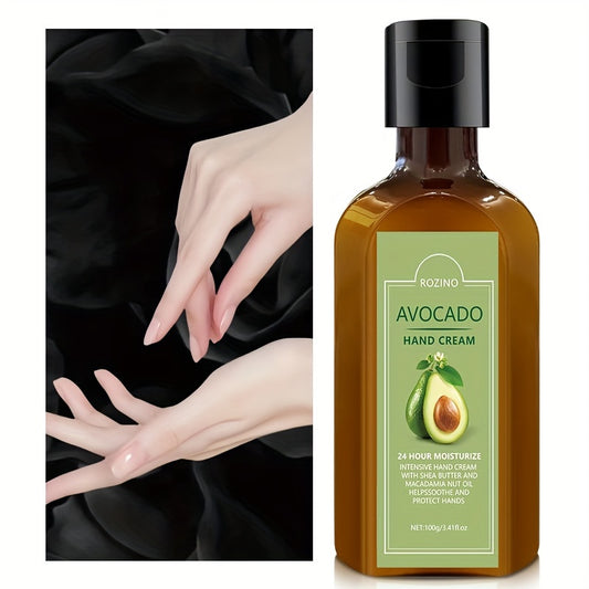 ROZINO Avocado Hand Cream 100g - Ultra-moisturizing formula with glycerin & Vitamin E, fragrance-free, for all skin types, deeply hydrates cuticles, smoothens & softens dry hands.