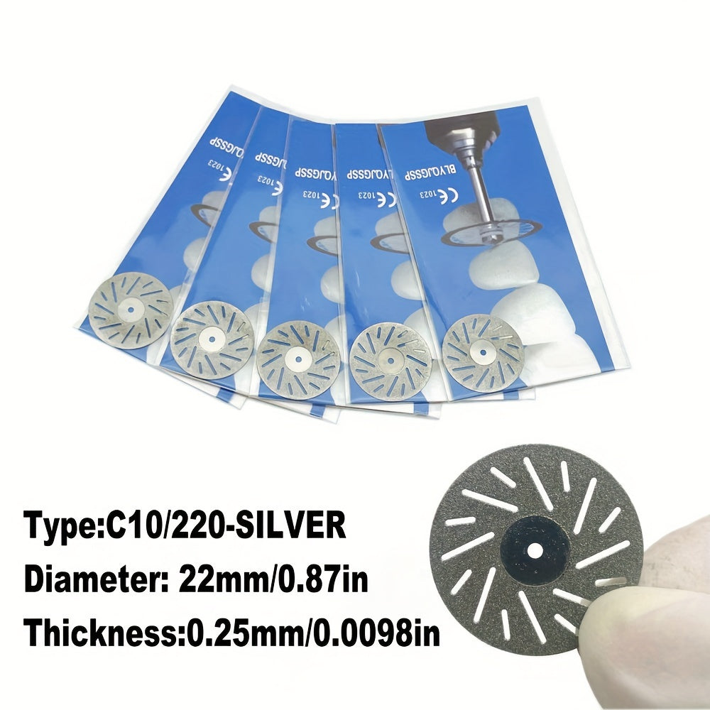 Five dual-sided diamond cutting discs for dental labs, in silver or golden, for high precision grinding and polishing.