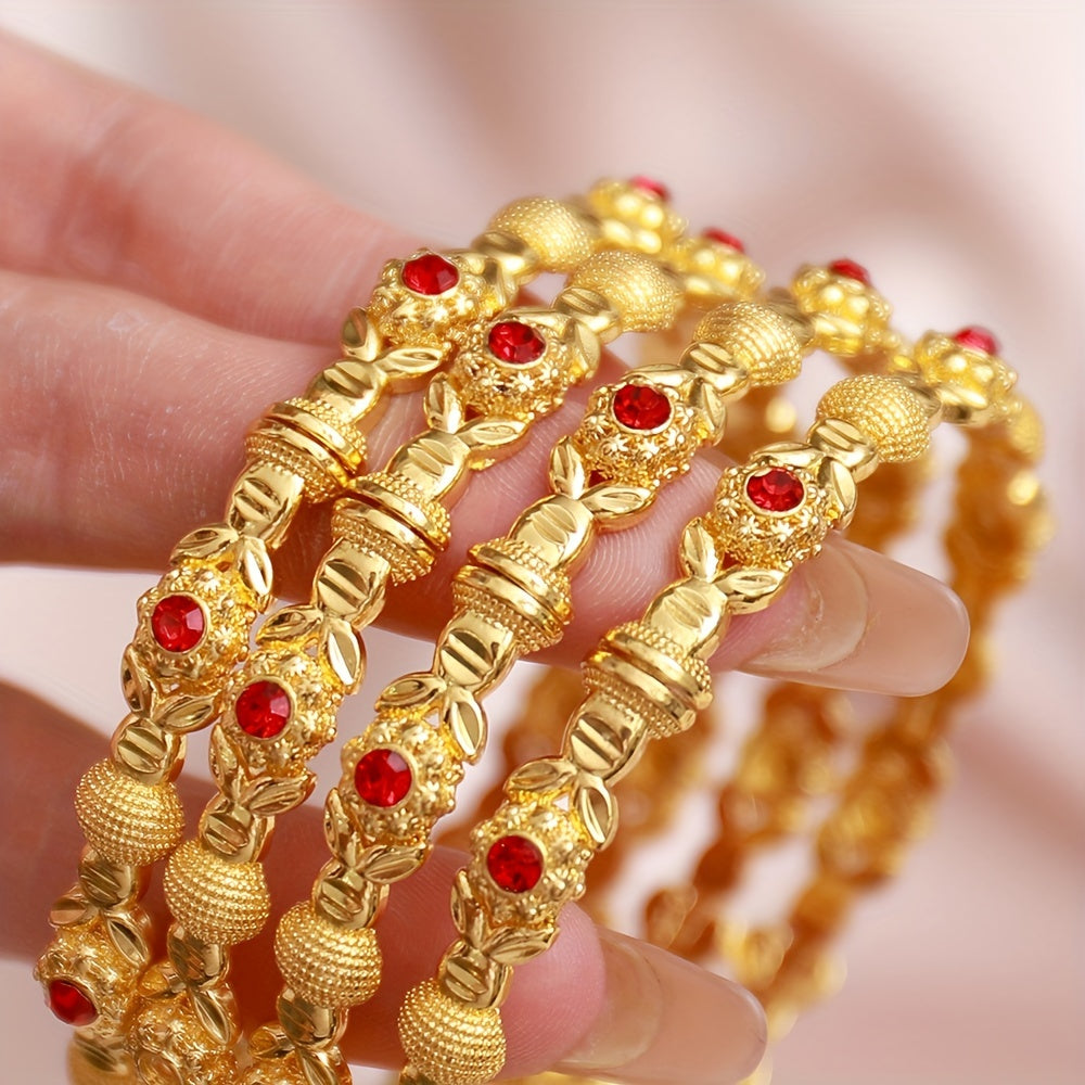 Luxurious 4-Piece Gold-Tone Cuff Set adorned with Red Artificial Crystals for Women - Made of Copper, Unplated, Perfect for Mardi Gras Day, Elegant and Sophisticated, Suitable for All Seasons, Features an Open Cuff Design ideal for Daily and Vacation