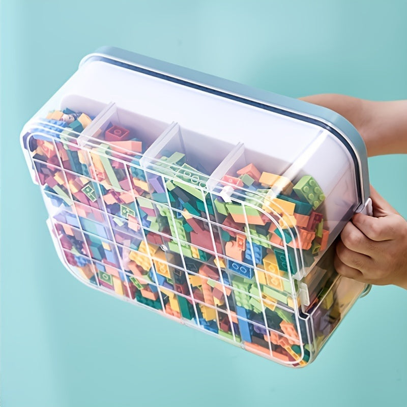 Large portable plastic storage box with lid and grid, multi-layer design, perfect for organizing blocks, snacks, and toys. Available in 1, 2, or 3 tiers, suitable for bedroom, living room