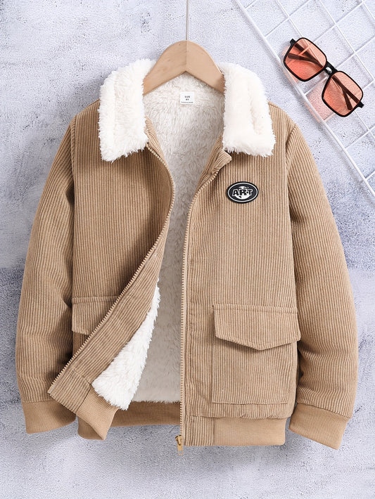 Boy's warm jacket with thick fleece lining, ideal for fall and winter outdoor wear.