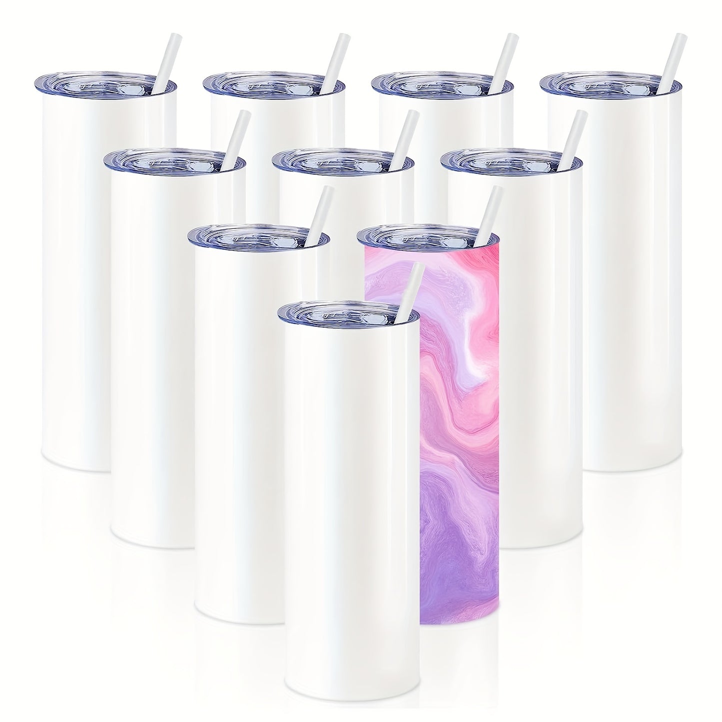 8 or 10 piece set of hot sublimation coated stainless steel cups with sealed water push cap and plastic straw, vacuum insulated with seamless inner liner, ideal for DIY gifts.