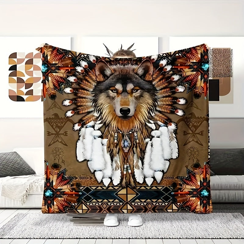 Charming Wolf Design Flannel Fleece Blanket with Rustic Native American Style, Digital Print, Cozy and Warm Throw for Home Decor, 1 Piece