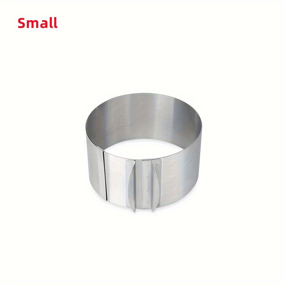 Adjustable stainless steel cake ring mold for baking round cakes and creating retractable mousse cakes, complete with circle baking tools.