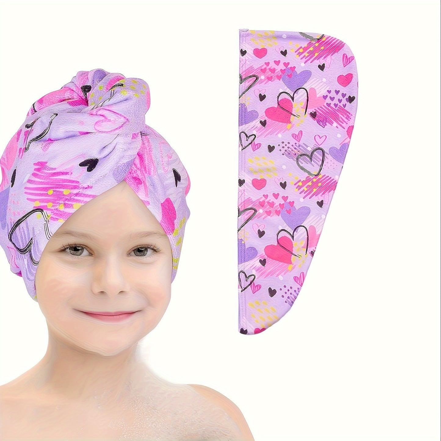 Microfiber cartoon hair towel wrap with button for kids, quick dry cap with cute patterns, absorbent towel for women and girls.