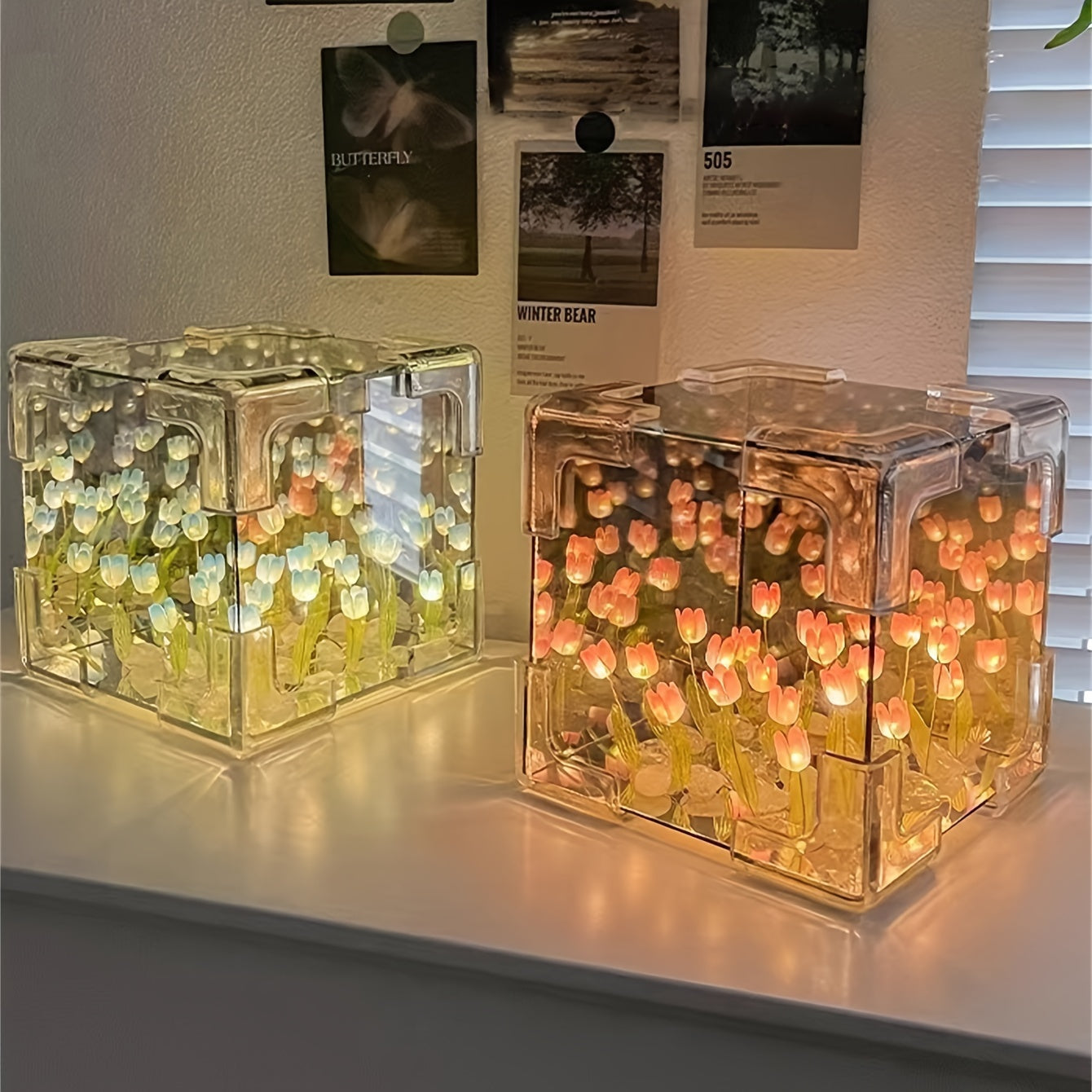 Tulip Mirror Night Light Kit: Modern Floral Cube Design, Battery-Powered for Bedroom, Living Room & Office Décor.