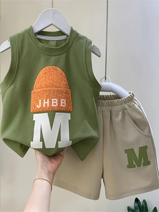 Baby boys 2-piece cotton set with sleeveless round neck vest, cap design, and shorts in green/beige. Perfect for summer wear.