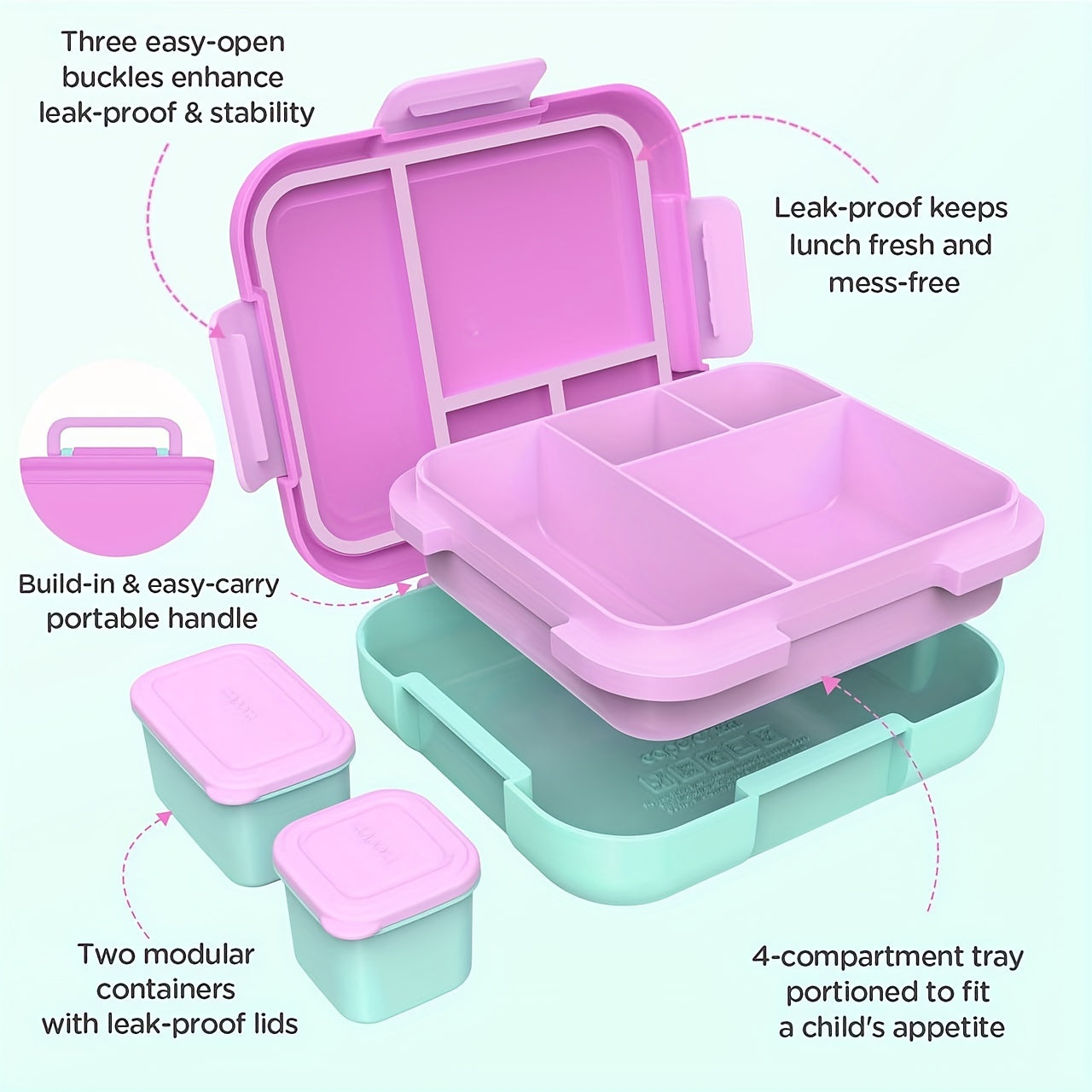 Caperci Large 4.8 Cup Bento Box in Pink - A Popular Choice for Leak-Proof Lunches on-the-Go! Features 4 Compartments, Dual Modular Containers, Portable Handle, Microwave/Dishwasher Safe, BPA-Free - Perfect for School, Work, Camping & Picnics