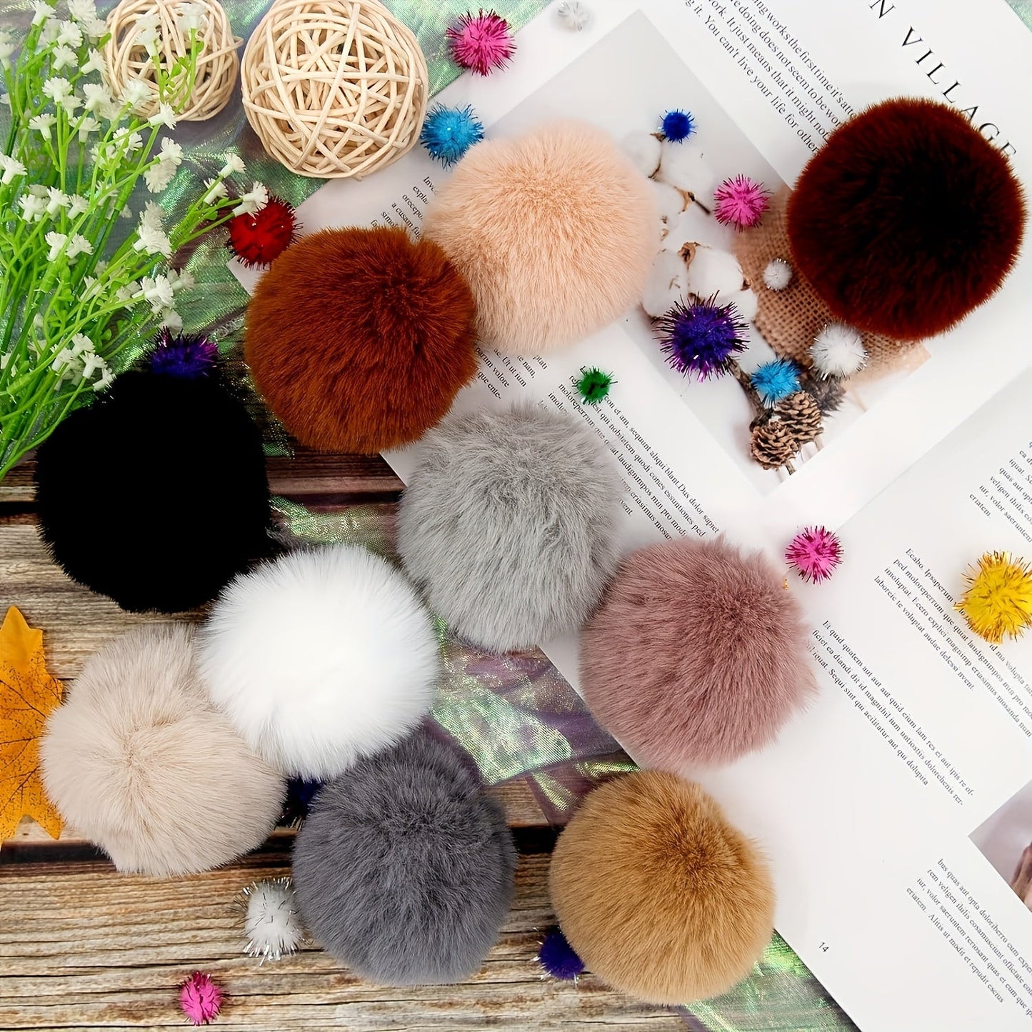 Soft Faux Rabbit Fur Pom Poms with Elastic Loops Set of 12 - Great for Hats, Keychains, Scarves, and Bags - Perfect for Christmas and Halloween Decorations