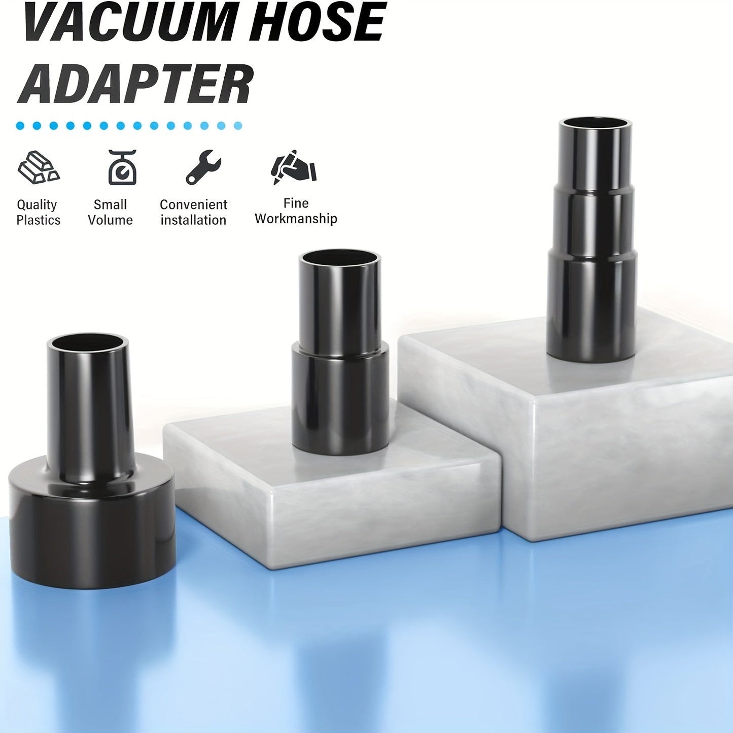 Vacuum Hose Adapter Kit, featuring reducers from 2-1/2 Inches to 1-1/4 Inches, 1-1/4 Inches to 1-3/8 Inches, 1-3/8 Inches to 1-1/2 Inches, and 1-1/2 Inches to 1-1/4 Inches. This set includes a Wet And Dry Vacuum Converter Reducer, designed for various