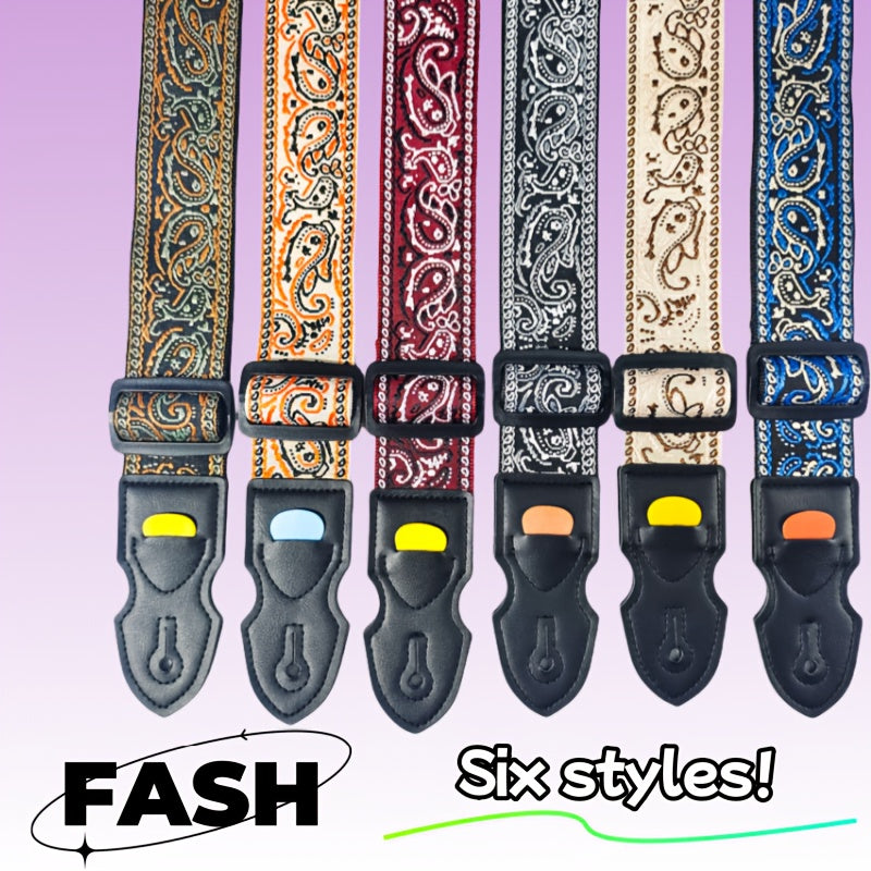 Wide thick embroidered guitar strap suitable for acoustic and electric bass guitars, featuring trendy street style in mixed colors and fabric material.