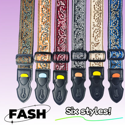 Wide thick embroidered guitar strap suitable for acoustic and electric bass guitars, featuring trendy street style in mixed colors and fabric material.