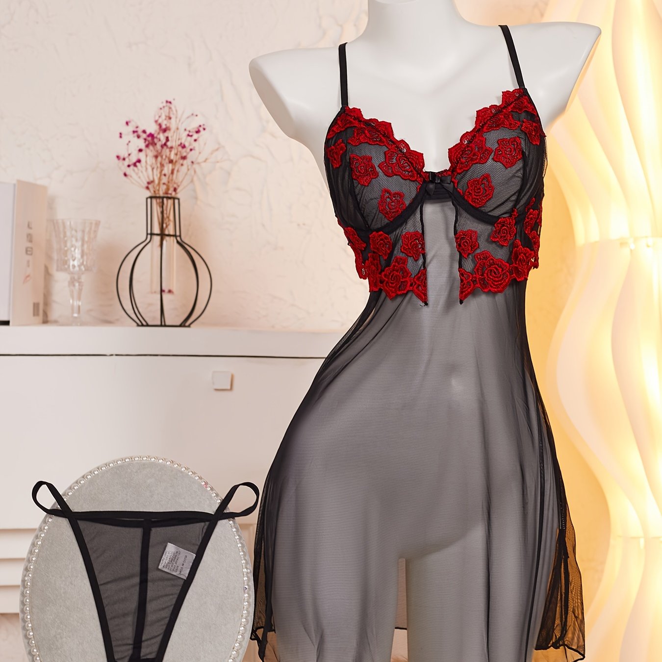 Floral lace trim sleepwear set with bow detail, made of 100% polyester.