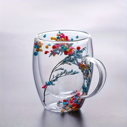 11.830z Double-walled Glass Coffee Cup with Dried Flowers, Insulation, Reusable for Espresso, Iced Coffee, Juice - Hand Wash Only - 2-4-6pcs