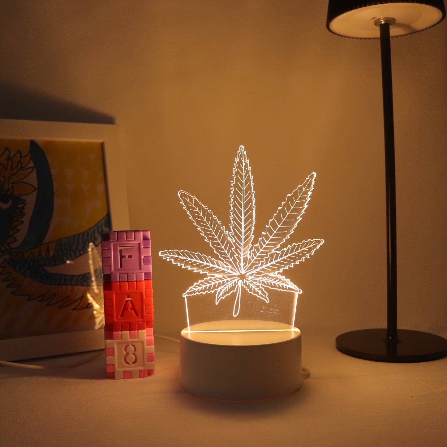 Maple Leaf 3D Visual Night Light with USB power, touch control, dimmable desk lamp and glass shade for elegant home decor.