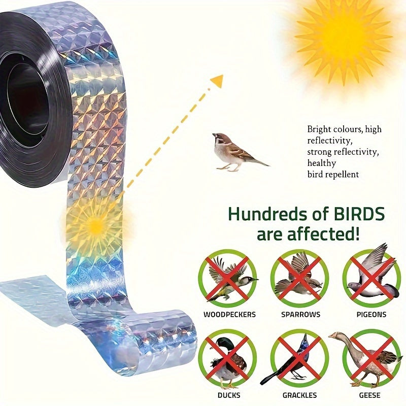 Pair of 50.0 meter reflective ribbons with bird repellent properties, ideal for orchards and gardens as a safe outdoor bird deterrent.