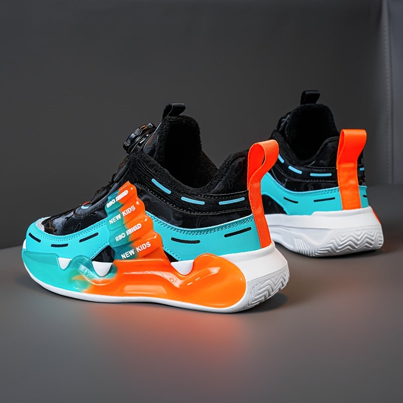 Mid-top youngsters athletic sneakers with breathable and non-slip design. Features hook-and-loop fastener strap, colorful cloud pattern, and letter design. Durable EVA sole suitable for all