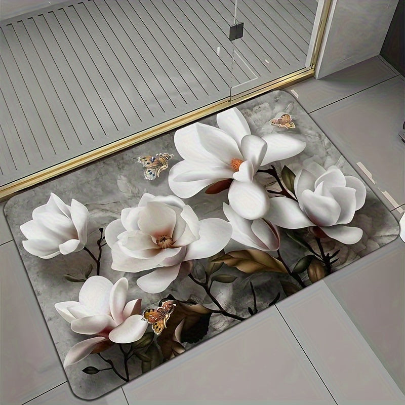 Handcrafted from durable polyester material, this elegant White Magnolia Floral Kitchen Mat features a non-slip design to ensure safety in high traffic areas. With a thickness of 1cm, this machine-made rectangular floor carpet is perfect for bedrooms