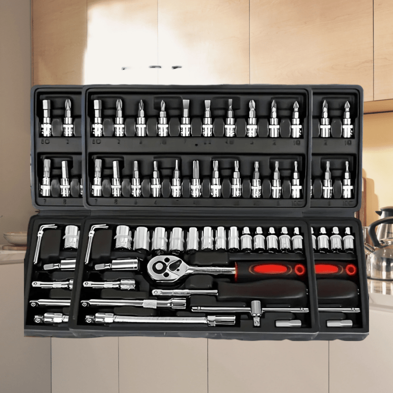 46-piece auto repair kit with carbon steel ratchet wrench sockets, perfect for mechanics and DIYers.