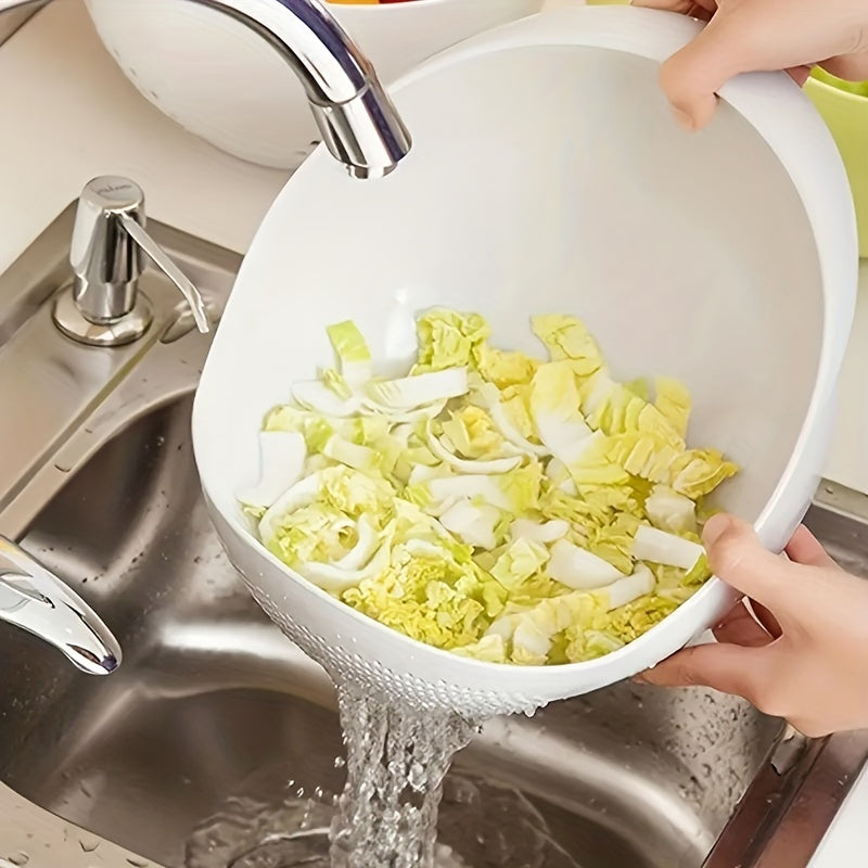 Plastic rice washing bowl with strainer for washing small grains and kitchen gadgets effectively.