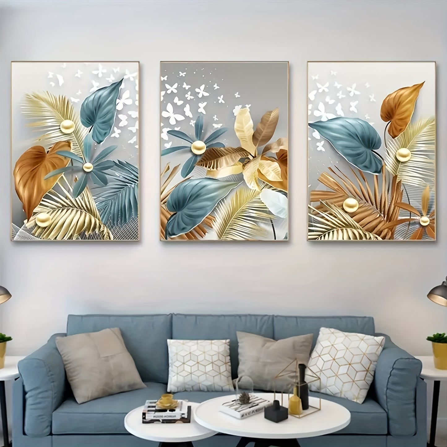 Frameless modern golden butterfly leaves canvas painting for living room decor, 3 pieces, 12x16in/30x40cm, no frame.