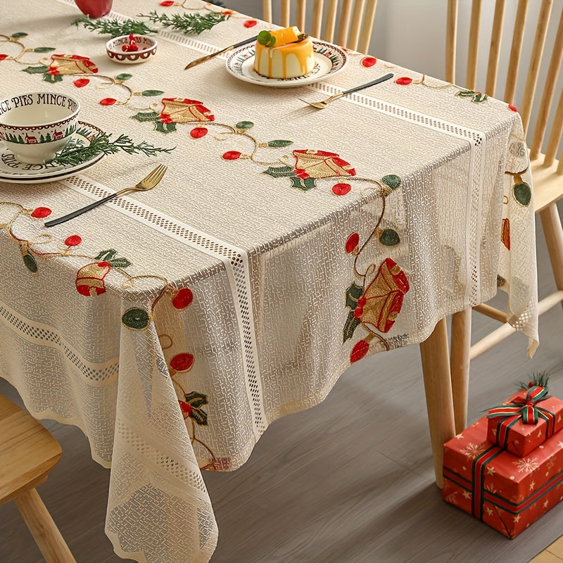 Red bell floral tablecloth, perfect for festive Christmas dining and kitchen decor. Made of square polyester and machine-woven.