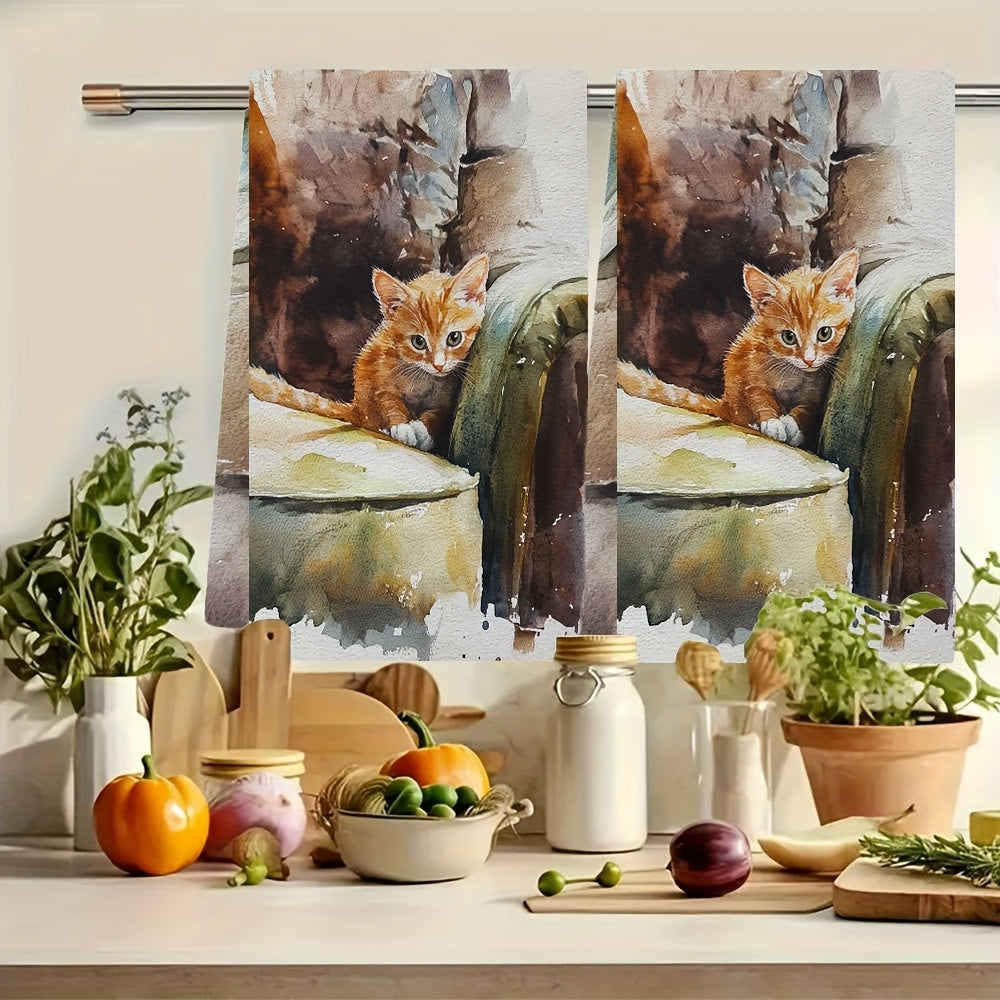 Two pieces of ultra soft kitchen towels featuring an adorable peekaboo kitten design. These towels are highly absorbent and machine washable, making them perfect for use as dish hand towels. Add a cozy touch to your home decor with these towels