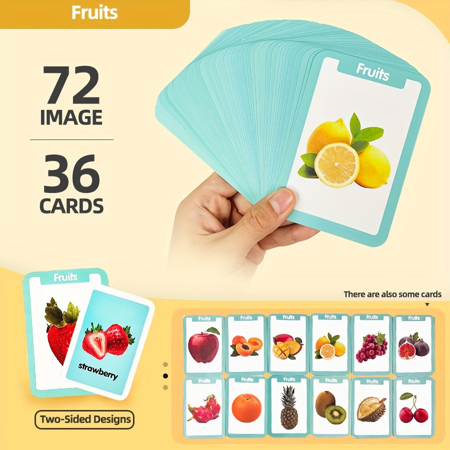 Educational flash cards for ages 3 and up - 36 bilingual double-sided cards featuring animals, fruits, vegetables, foods, shapes, and body parts - paper teaching aids in mixed colors