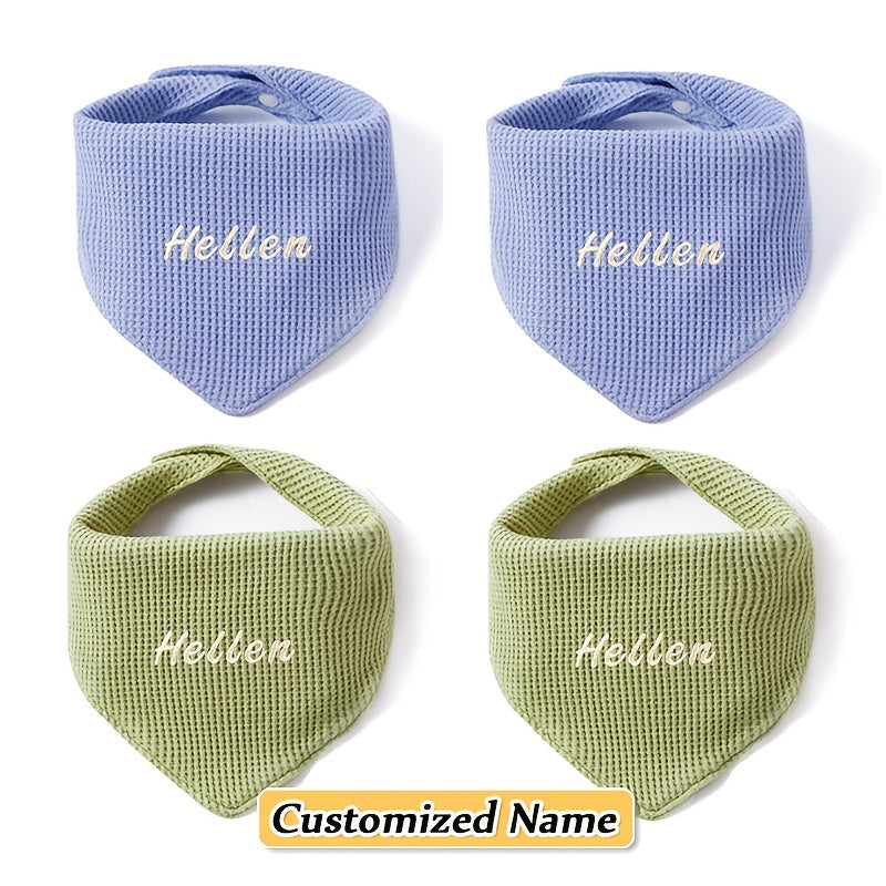 Set of 4 children's saliva towels including a triangle towel and an adjustable buckle solid color mouthguard. Made of soft and breathable material with strong water absorption, these natural material towels also come with an exclusive personalized