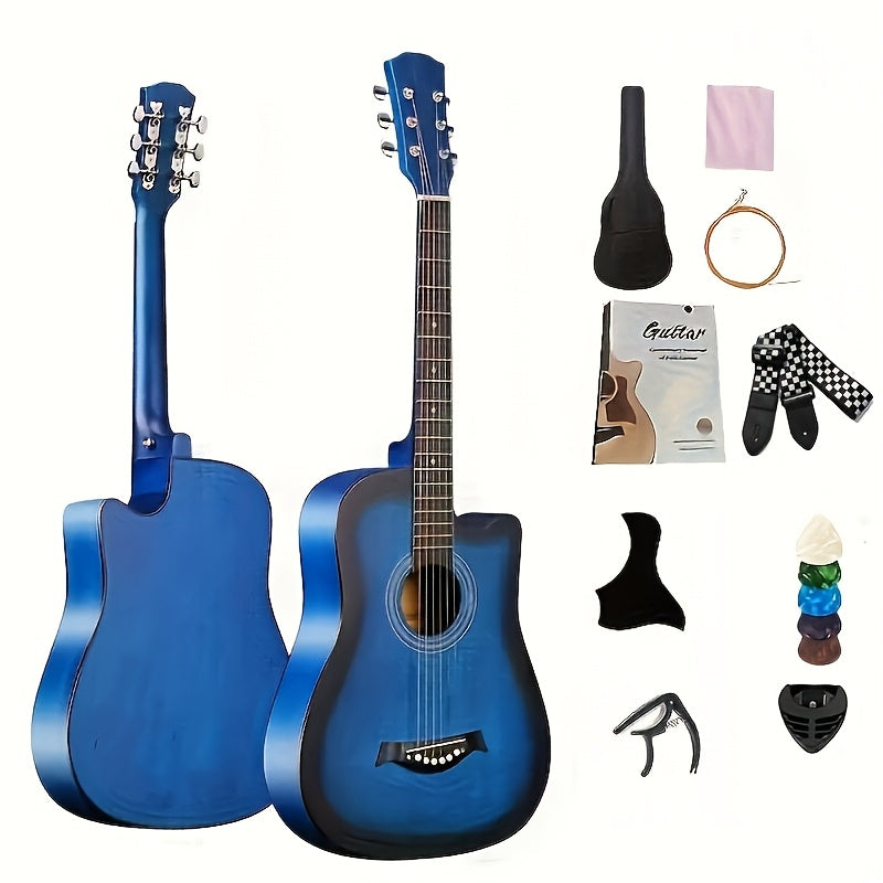 Comprehensive acoustic guitar starter kit with premium basswood guitars in various colors, accessories, and teaching materials - perfect for all skill levels, including beginners and