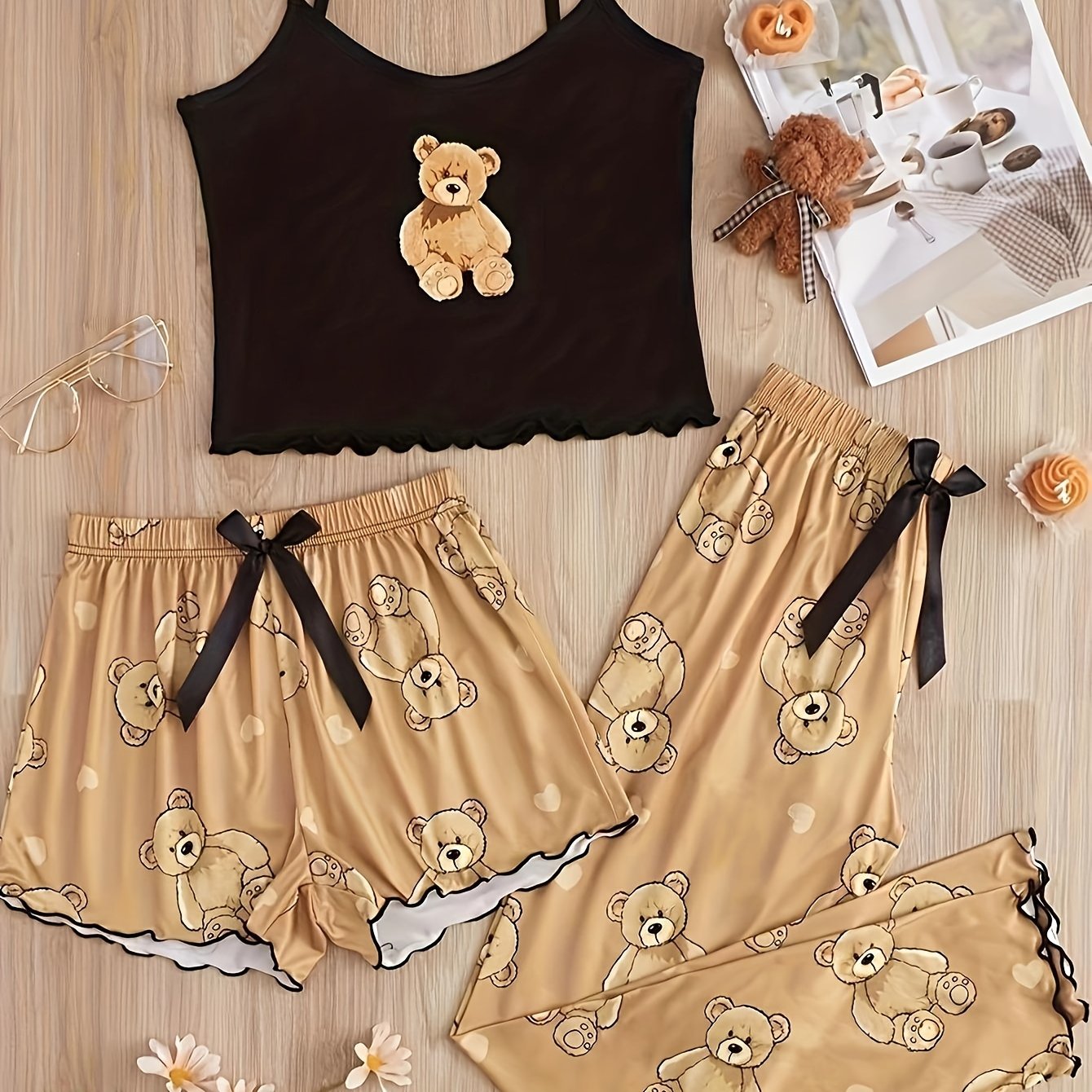 Bear print pajama set with lettuce trim, including a crop cami top, shorts, and pants, for women's sleepwear and loungewear.