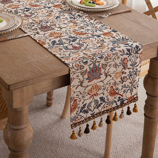 Vintage floral and bird jacquard table runner with tassels in rustic countryside style. Made of polyester, 33cm wide. Ideal for dining, coffee, and tea tables. Vintage design with polyester fabric.