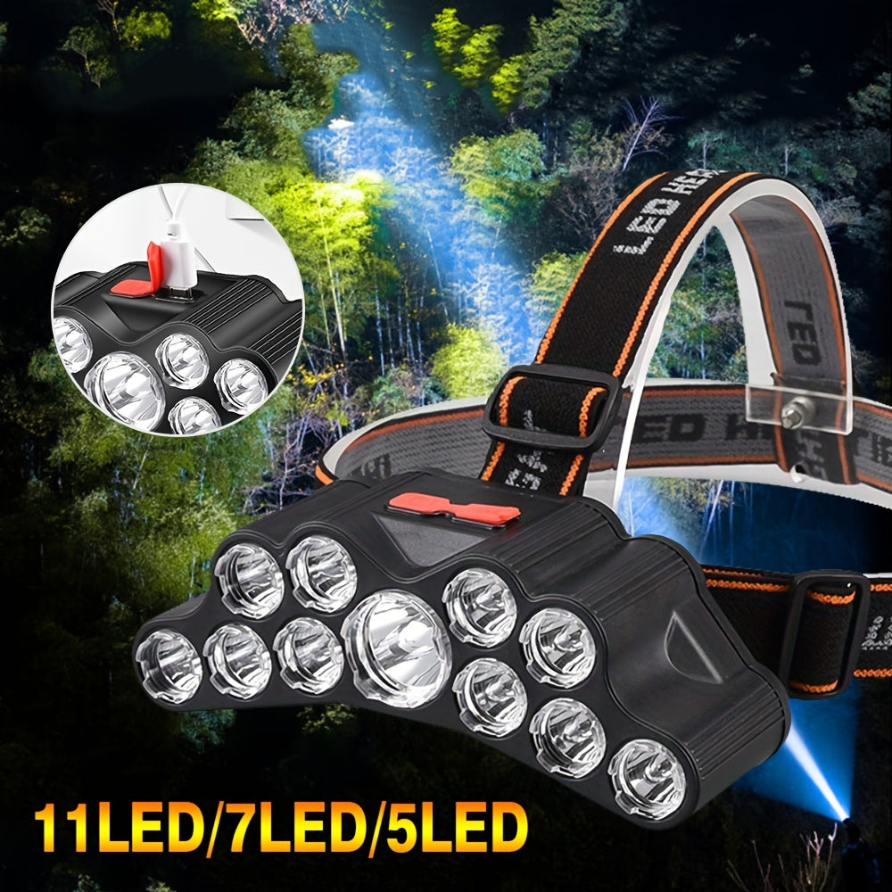 1pc Rechargeable USB Headlamp with 5/7/11 LED, Waterproof Portable Headlight for Outdoor Activities