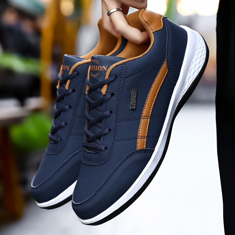 FAYWELLME unisex faux leather sneakers with breathable lining, MD sole, motion-control pronation, and all-season stabilizing sports shoes for men and women.