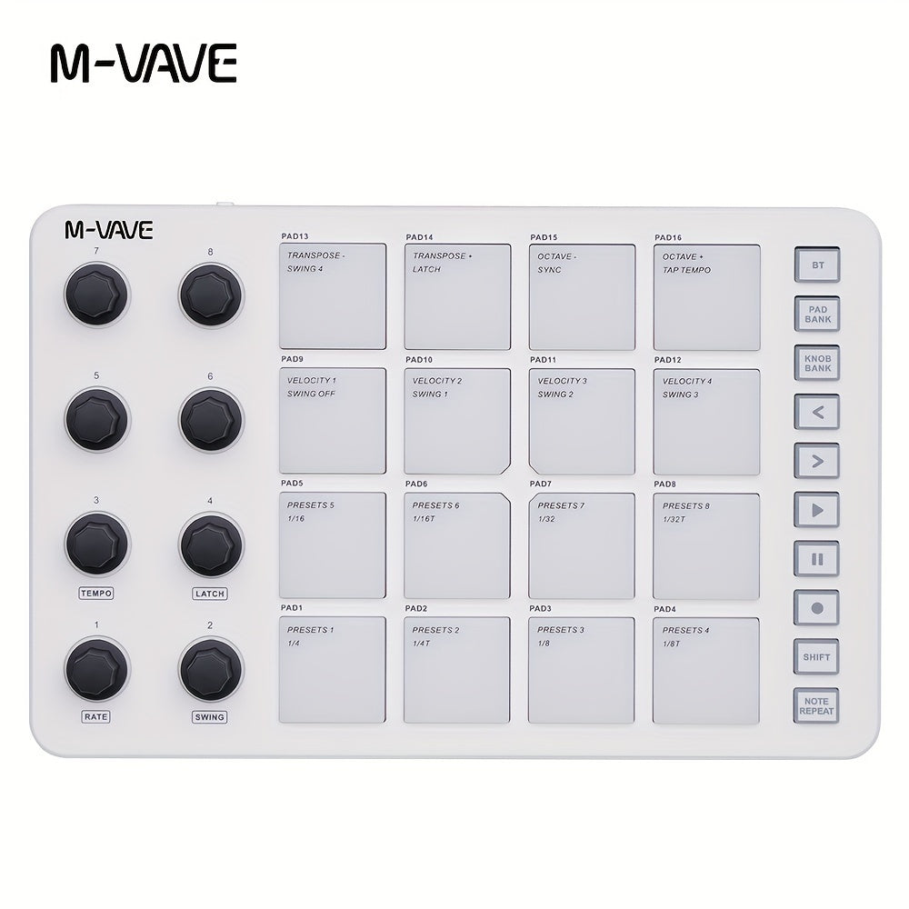 Portable MIDI controller with USB charging, 2000mAh battery, wireless capabilities, ≤36V voltage, and USB-C interface, ideal for percussion keyboard use.