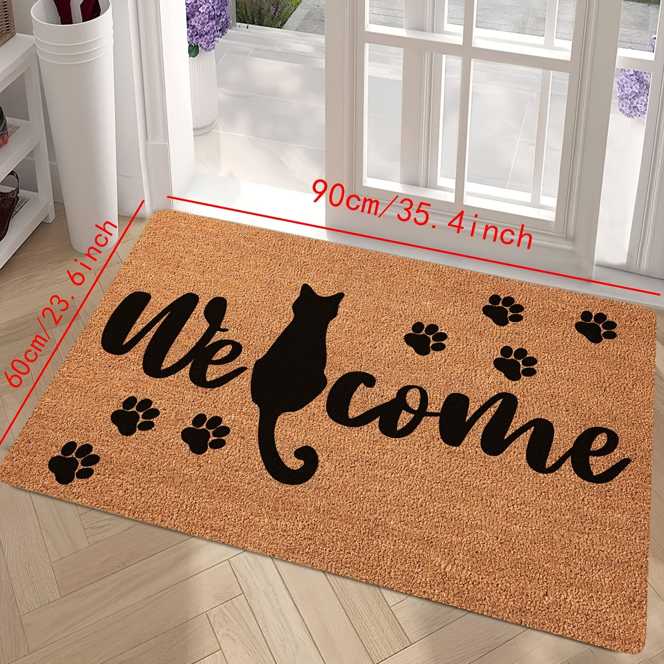 Introducing the Whisker Wonders Cat Welcome Doormat, a durable and stylish addition to your home. Made of stain-resistant polyester material with a charming black cat silhouette, this mat is perfect for both indoor and outdoor use. Easy to clean with a