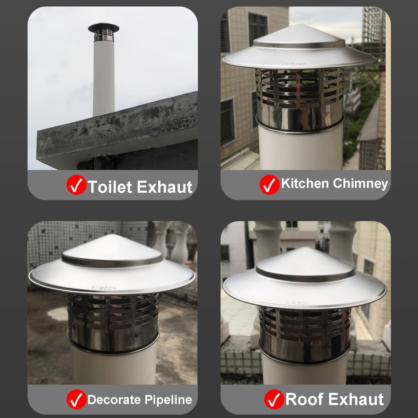 Stainless Steel Windproof Roof Chimney Cap - 110mm, 1pc - Includes Bird Guard and Mesh Protector - Metal Rain Snow Hat - Flue Cowl for Exhaust Pipe Vent