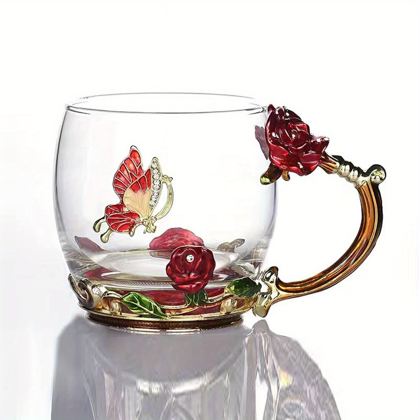 Rose enamel crystal tea cup featuring butterfly and rose design, heat resistant for coffee and water, perfect gift.